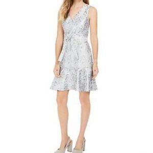 NATORI Silver A-Line Jacquard Peplum Mini Dress Sleeveless Tie Waist Sz 8 NWT